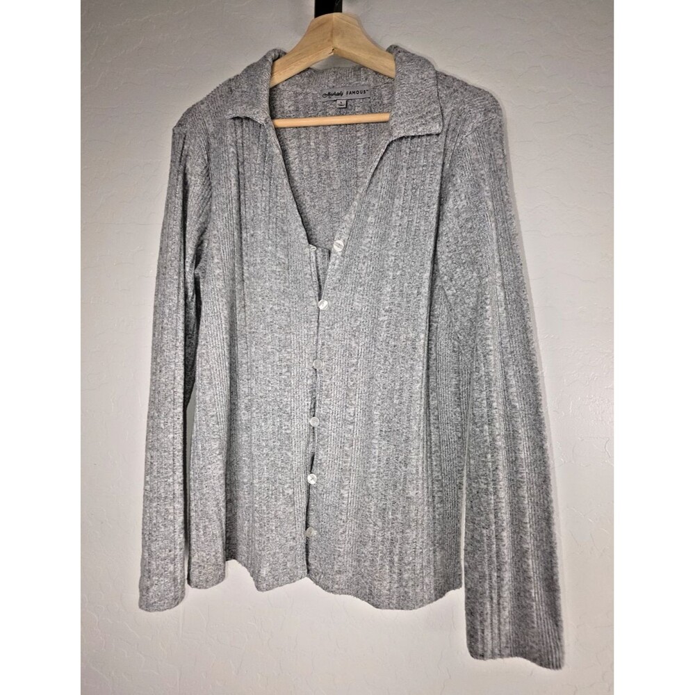 Absolutely Famous Ribbed, Button-Front Collared Sweater, Gray
